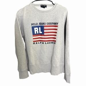 Vtg 90s Ralph Lauren Polo Jeans Company Flag Sweatshirt Gray L Preppy Prep